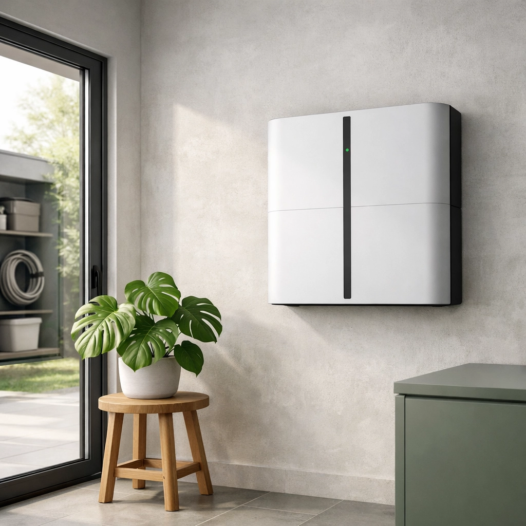 Modern home battery storage unit installed in a garage to optimize residential solar energy usage.