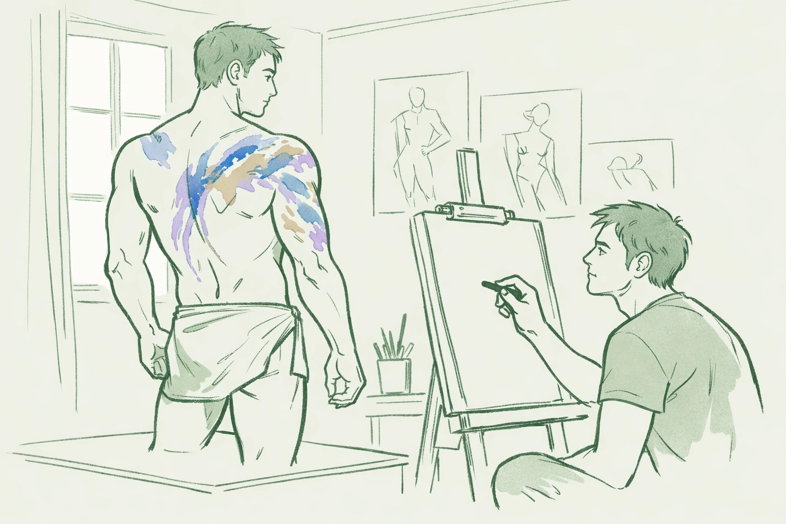 Art student sketching muscular tattooed male model in studio - gay romance body art scene