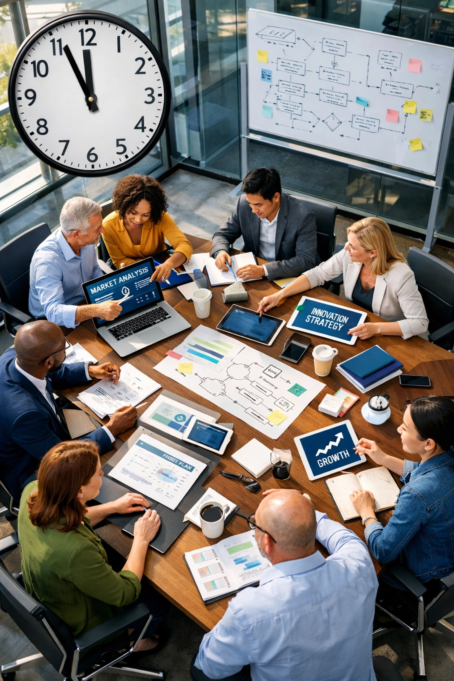 Business professionals collaborating during Dakdan's 11AM Innovation Framework session with digital strategy planning