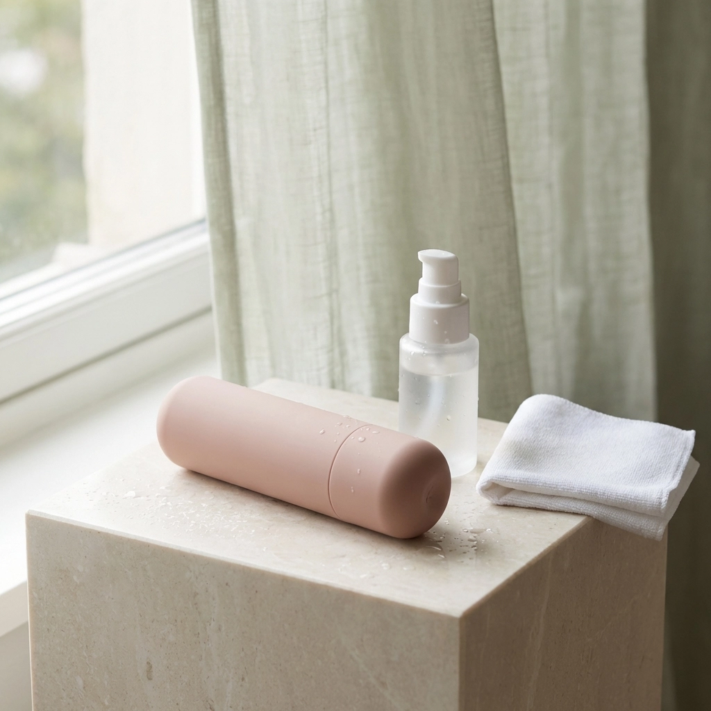 Body-safe silicone sexual wellness products and lubricant displayed for a healthy intimacy routine.