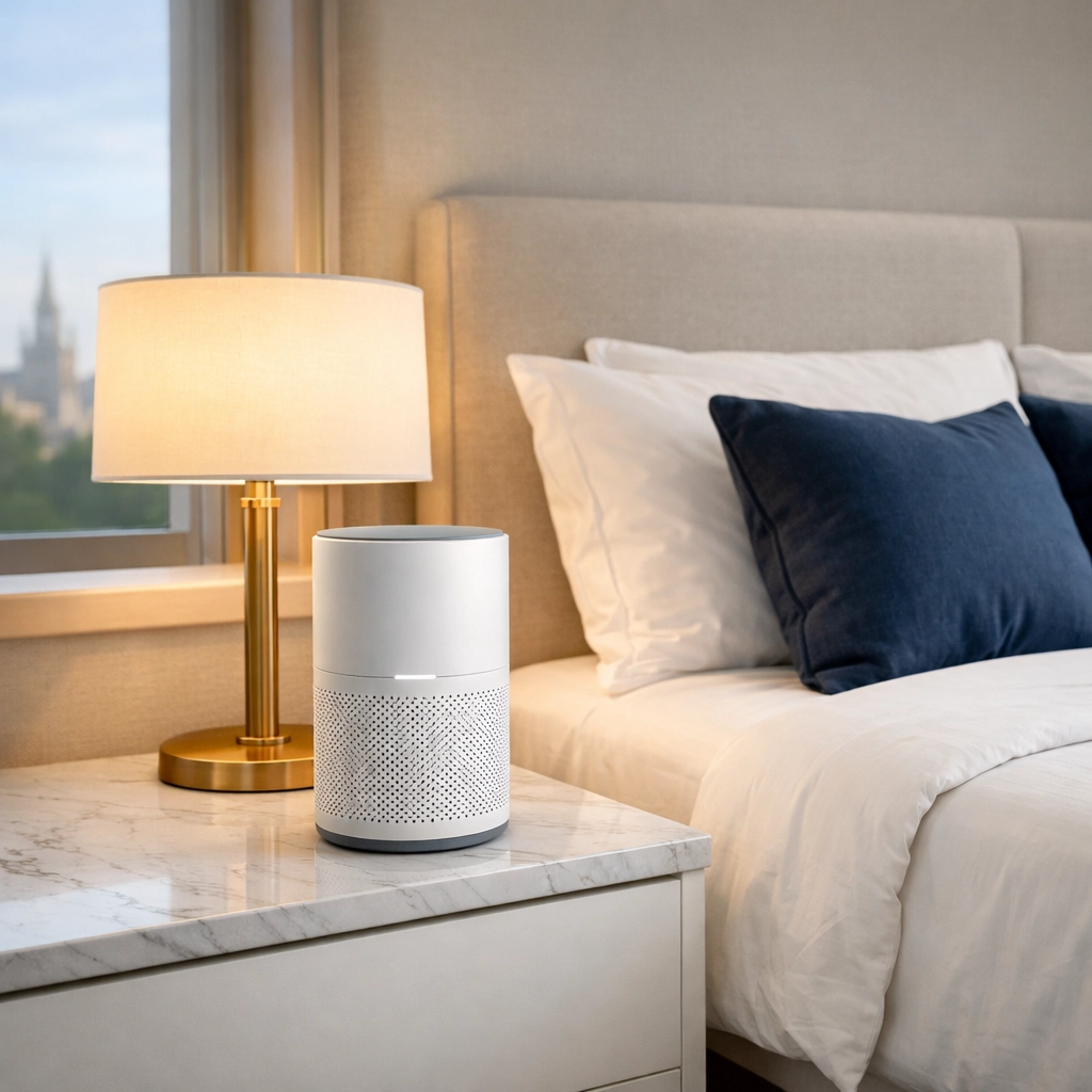 Air purifier in a pristine Cambridge bedroom showing eco-friendly apartment cleaning Massachusetts.