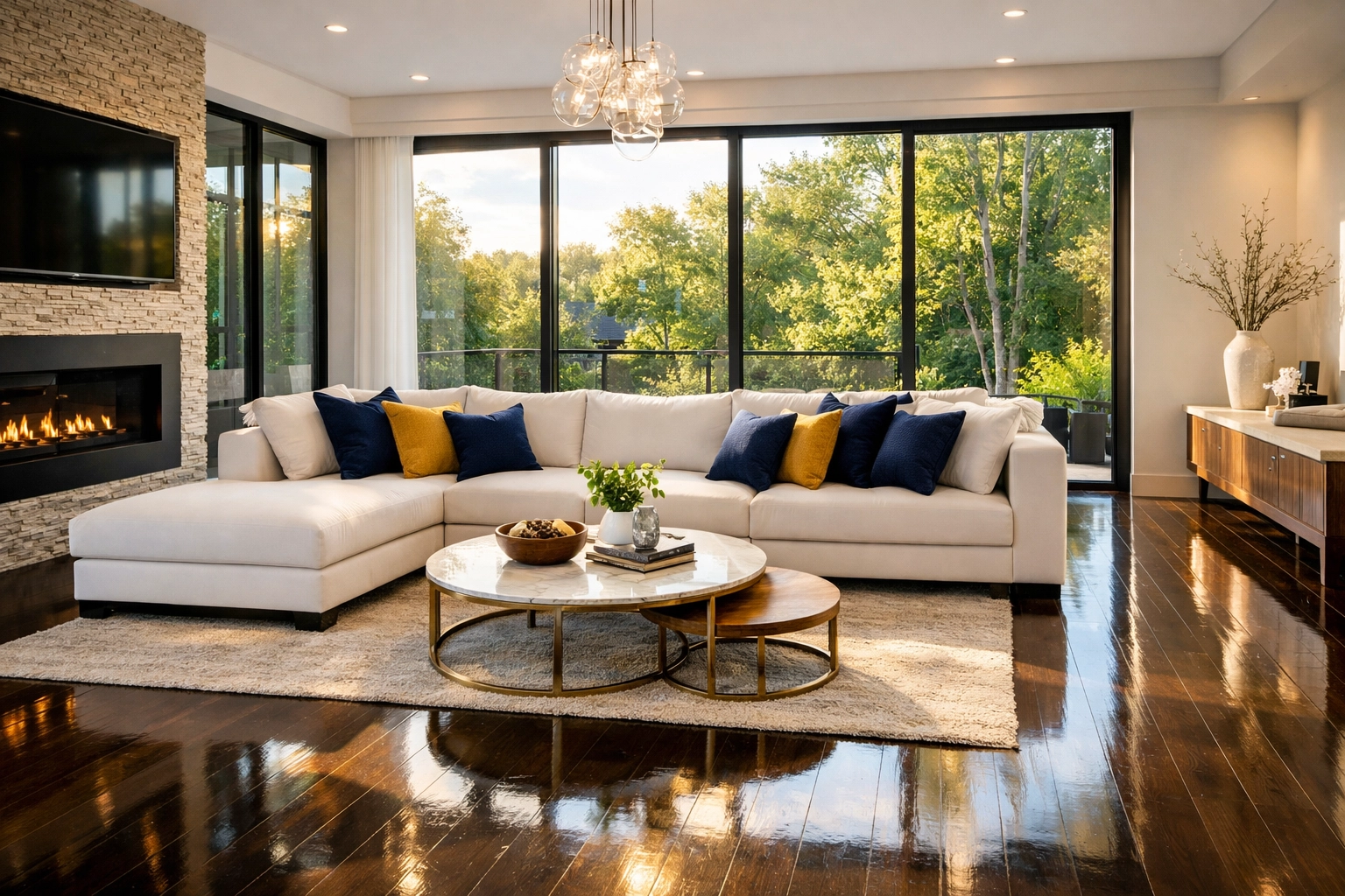 Sun-drenched luxury living room in Littleton reflecting the benefits of weekly house cleaning