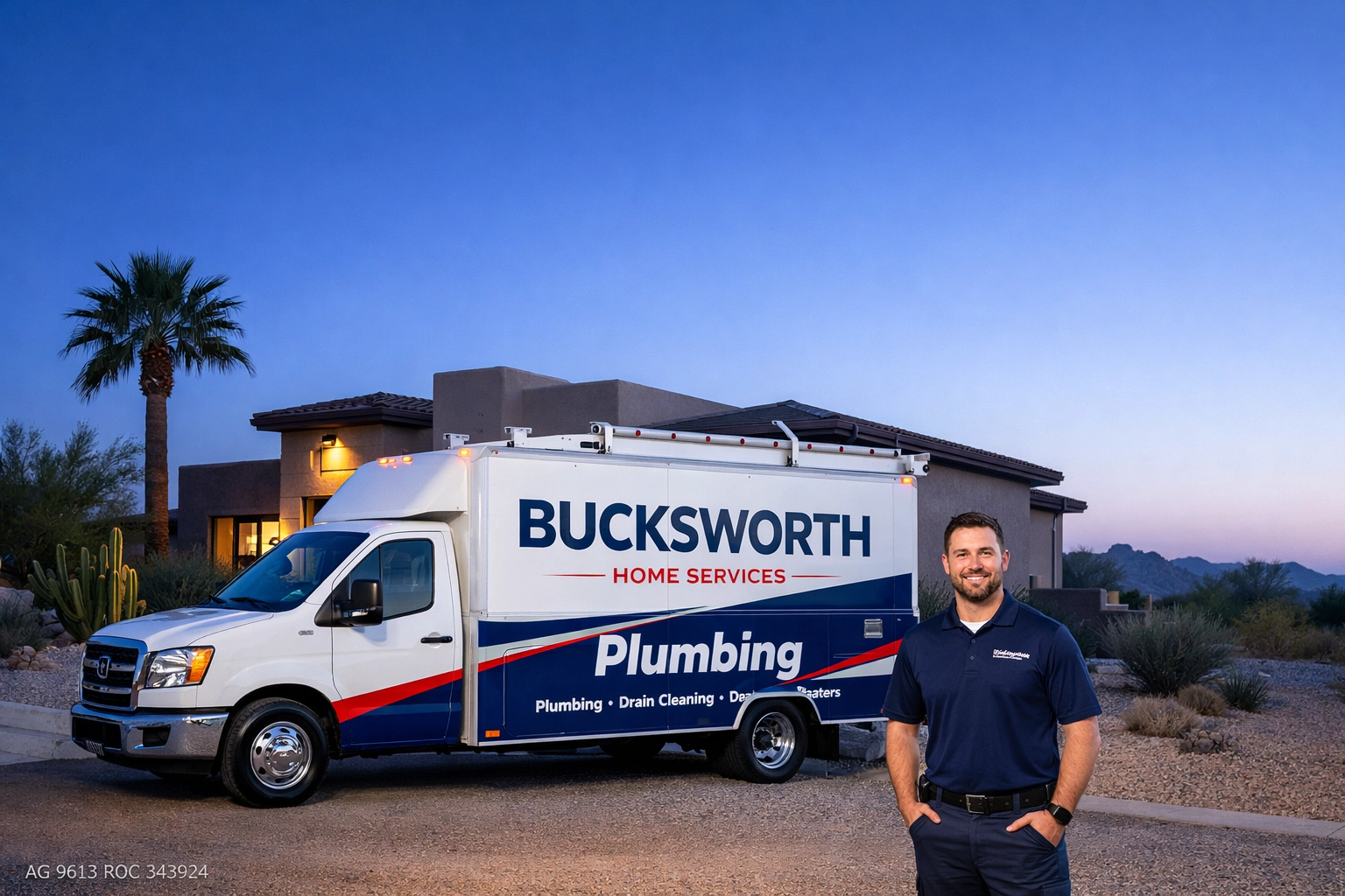 Bucksworth Home Services technician arriving for emergency plumbing services in Gilbert, AZ.