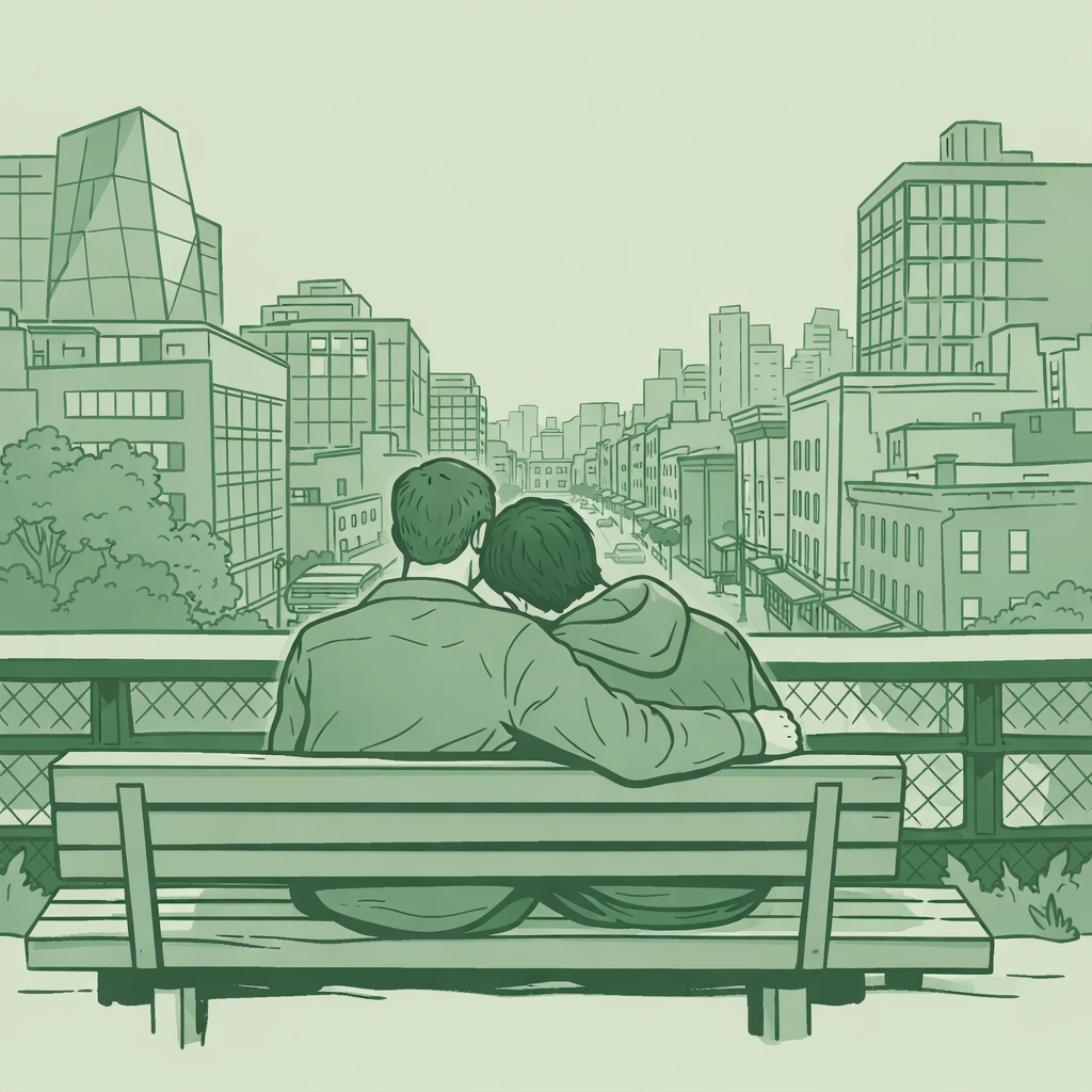 MM couple on High Line park bench overlooking gentrified Chelsea neighborhood in New York