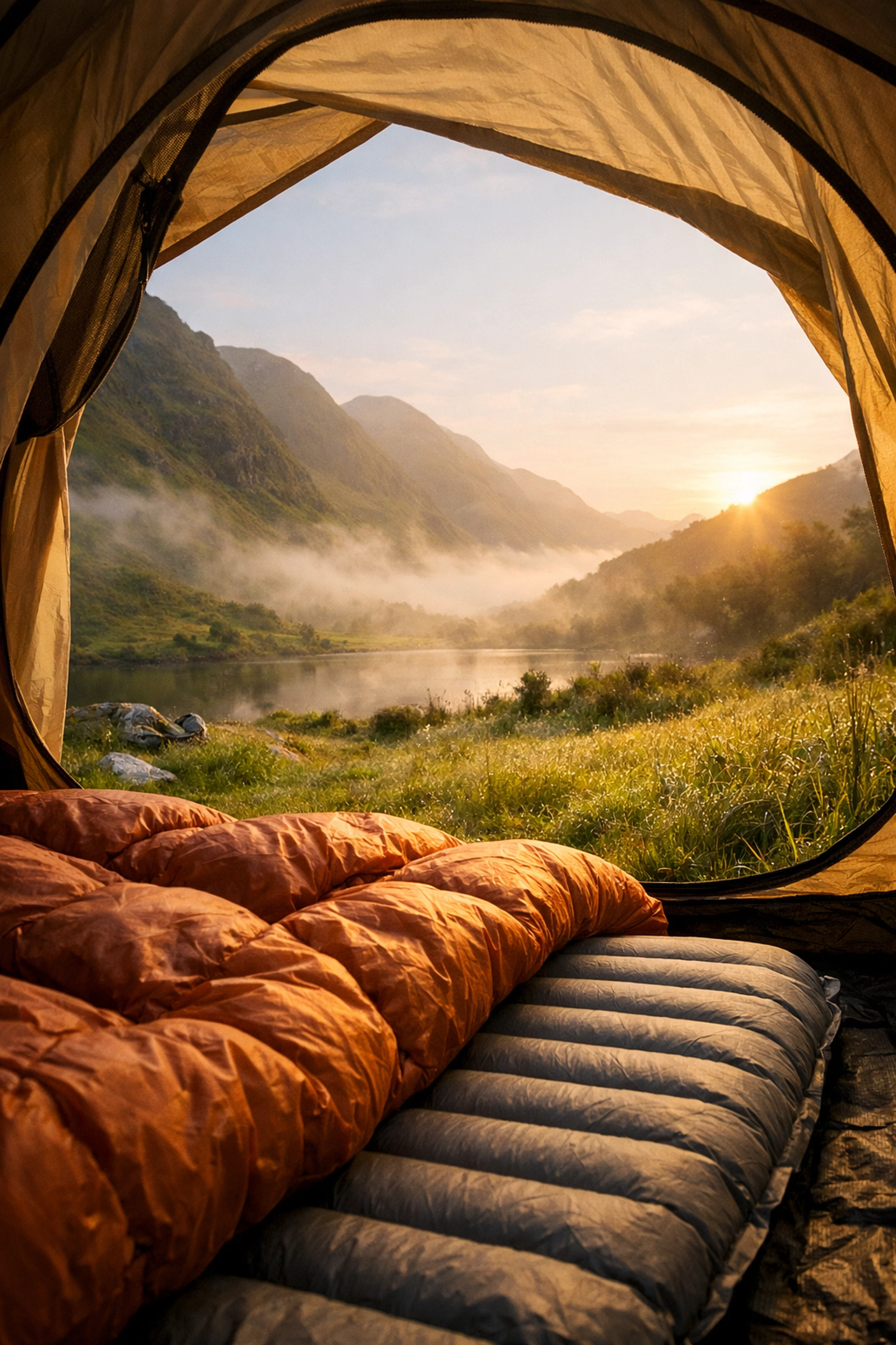 Insulated sleeping bag and mat inside a tent for a wild camping guided UK mountain trip.