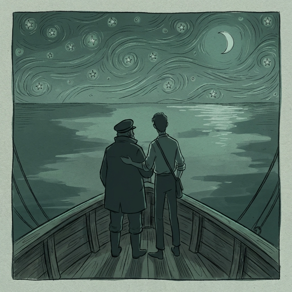 Two men, a sea captain and a cartographer, stand side by side at a ship's bow under a starry night, reflecting the novel's romantic and magical Caribbean adventure.