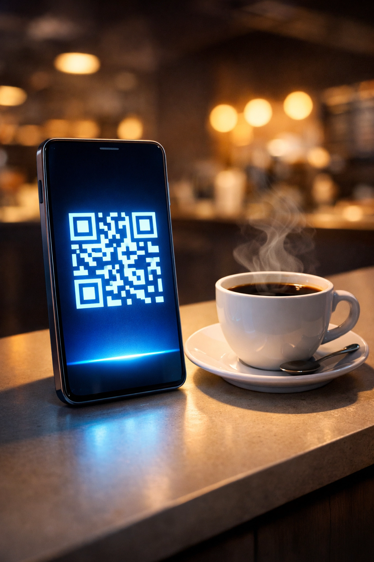 Smartphone displaying crypto payment QR code on coffee shop counter for contactless transactions