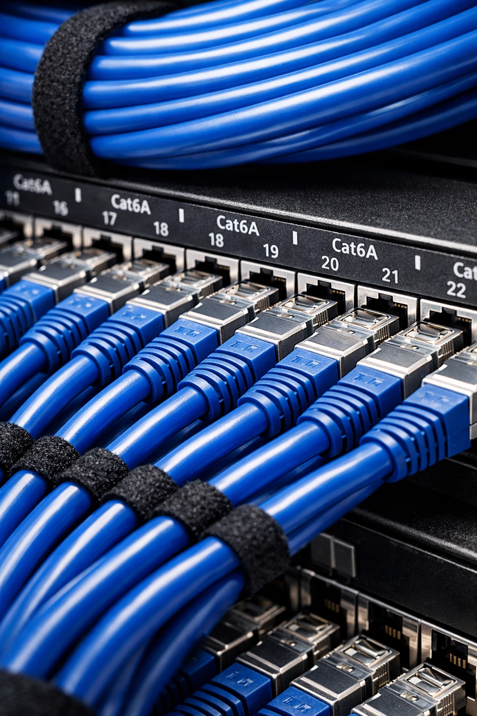 Organized network patch panel representing professional structured cabling services for reliable VoIP.