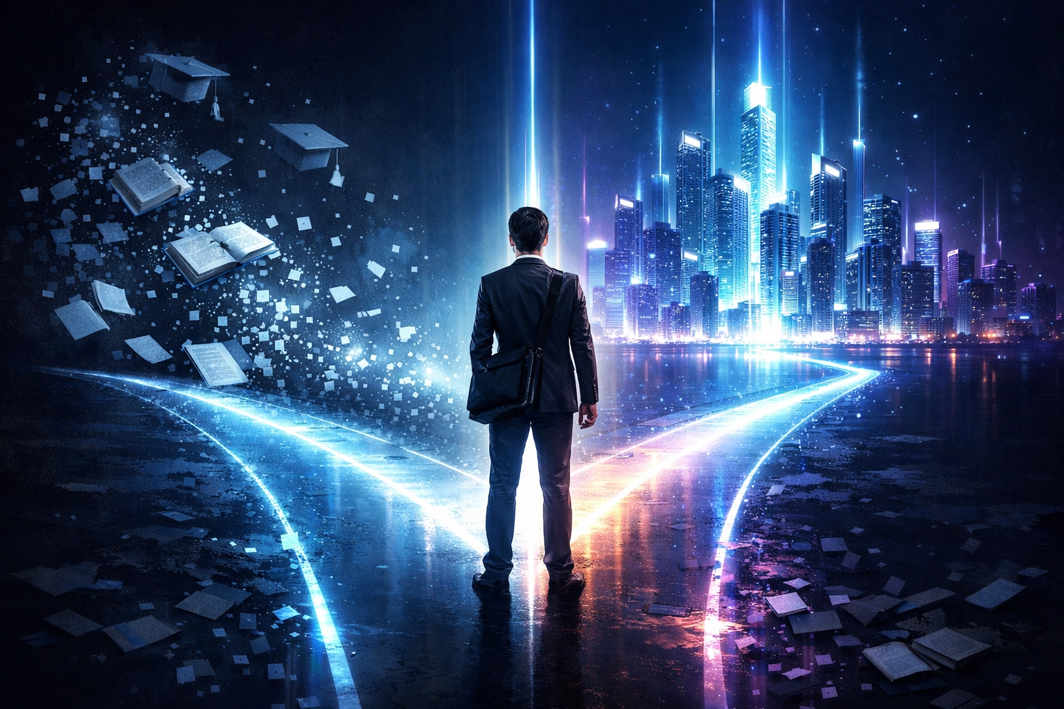 Young professional choosing between academic path and industry career with digital workplace ahead