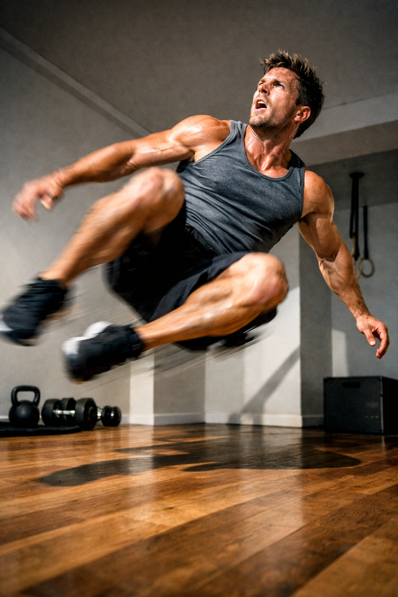 Athlete performing explosive candlestick roll exercise for full body workout at home on hardwood floor