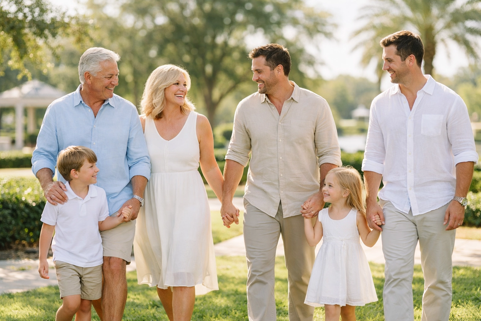 Multi-generational family walking in a sun-drenched Wesley Chapel park for retirement planning Wesley Chapel FL.