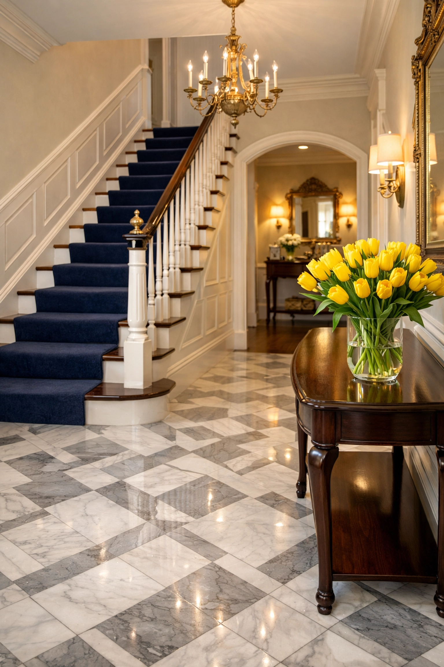 Grand West Cambridge entryway with spotless marble floors showcasing elite house cleaning Cambridge MA standards.
