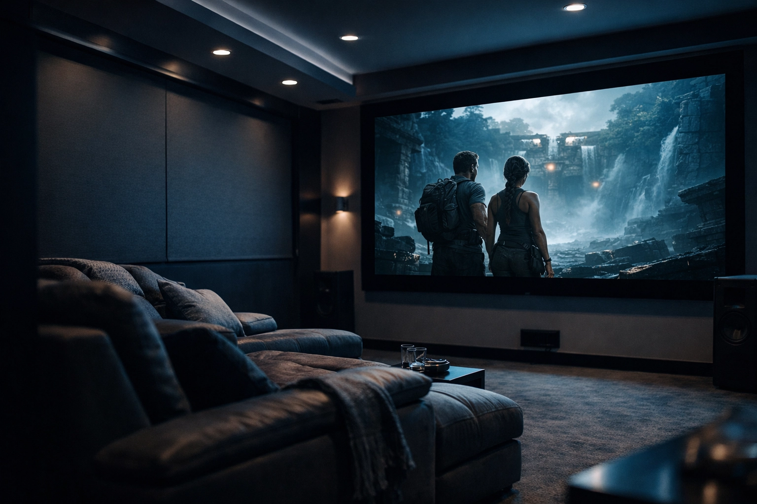 Control4 home theater automation with dimmed lighting and motorized shades for movie night scene
