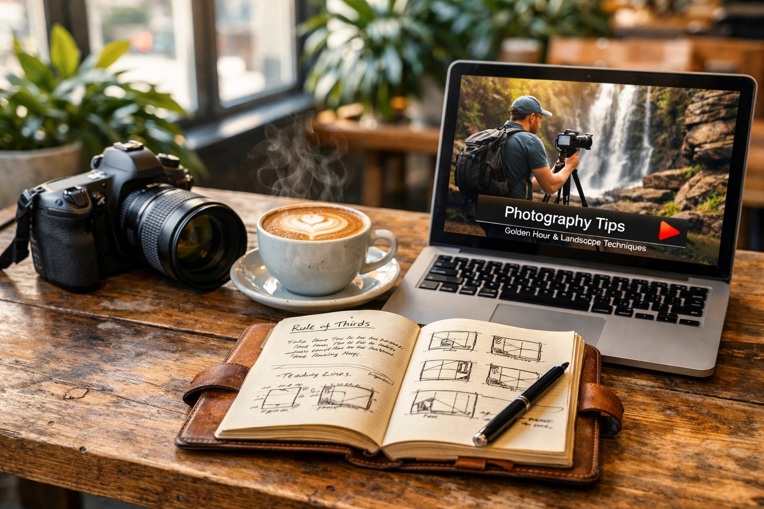 Watching daily photography tutorials on a laptop in a cafe to find inspiration and break creative blocks.