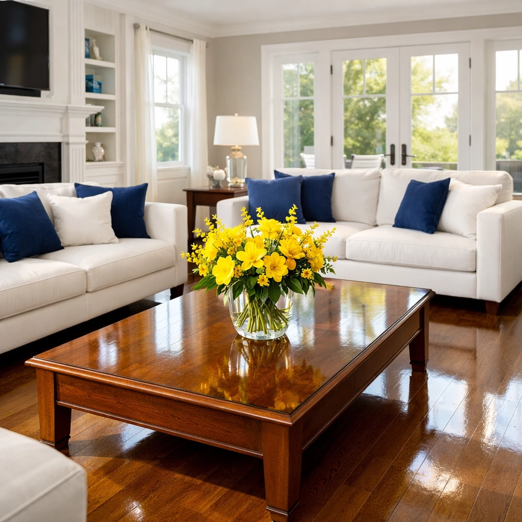 Sun-drenched living room in Hanson, MA showing the results of professional weekly house cleaning services.