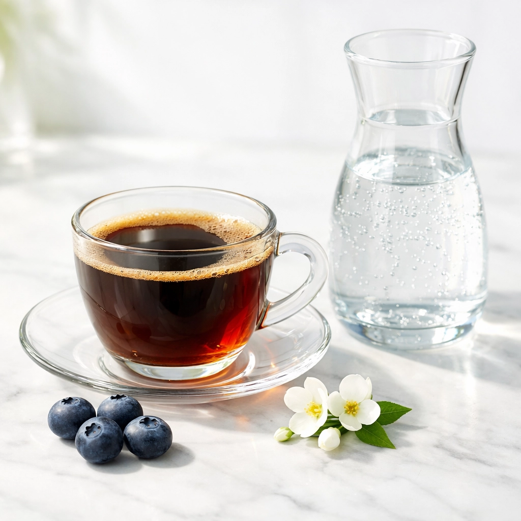 A clear glass of specialty black coffee with water and blueberries, highlighting delicate coffee flavor notes.