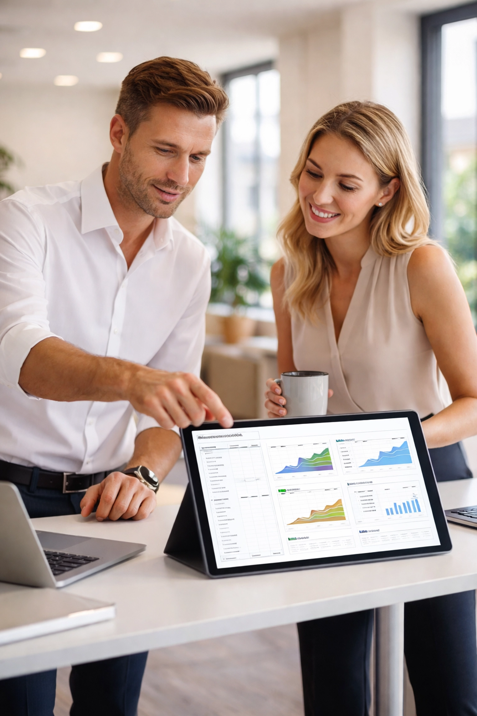 Finance advisor collaborates with female coaching business owner to review growth forecasts and optimize scaling strategy.