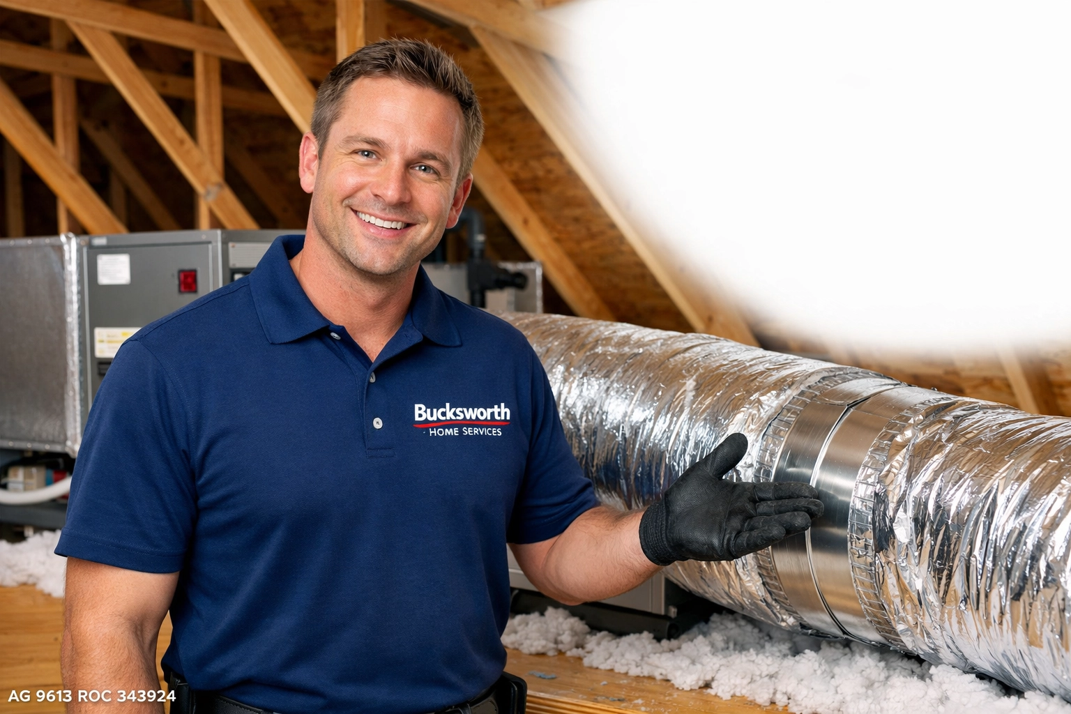 Bucksworth Home Services technician inspecting sealed attic ductwork during an Avondale AC tune-up.