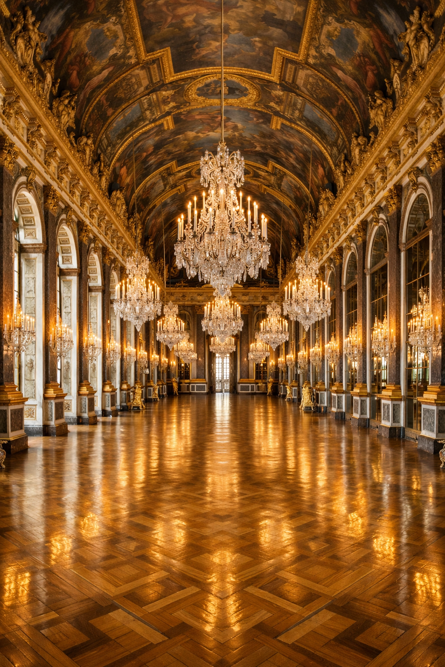 Symmetrical interior of the Hall of Mirrors at Versailles, one of the world's most iconic photo spots.