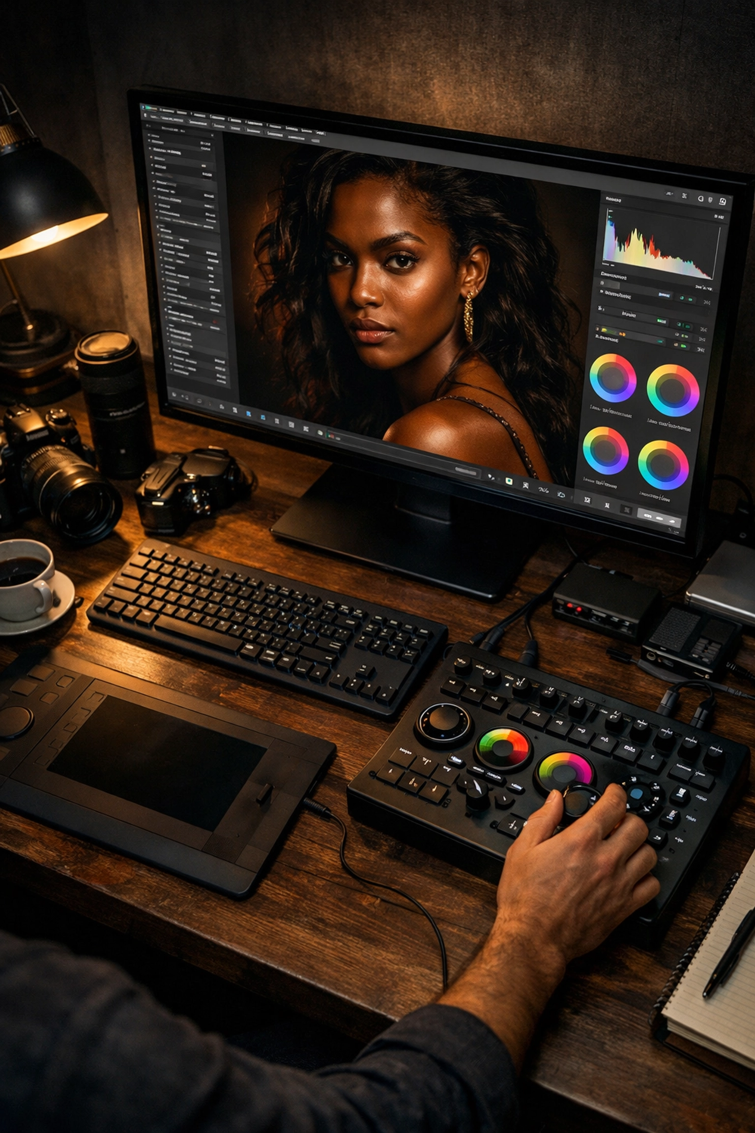 High-end editing workspace showing post-processing workflow for professional portrait photography techniques.