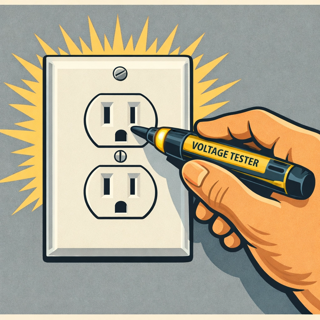 Testing an electrical outlet for safety as part of routine professional home maintenance.