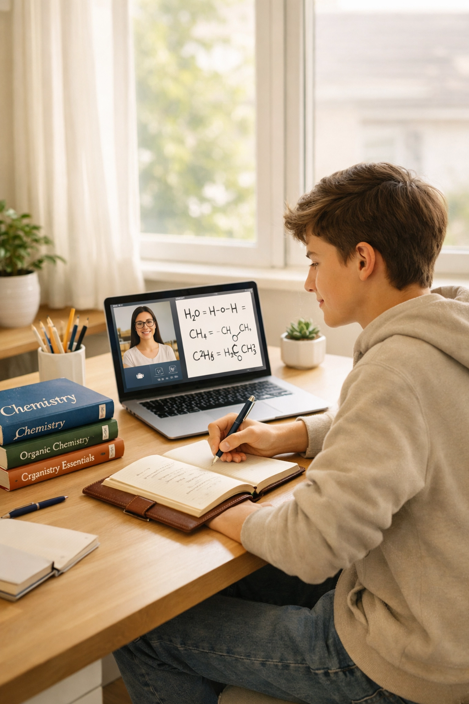 Student engaged in online chemistry tutoring session preparing for Oxford medical school applications