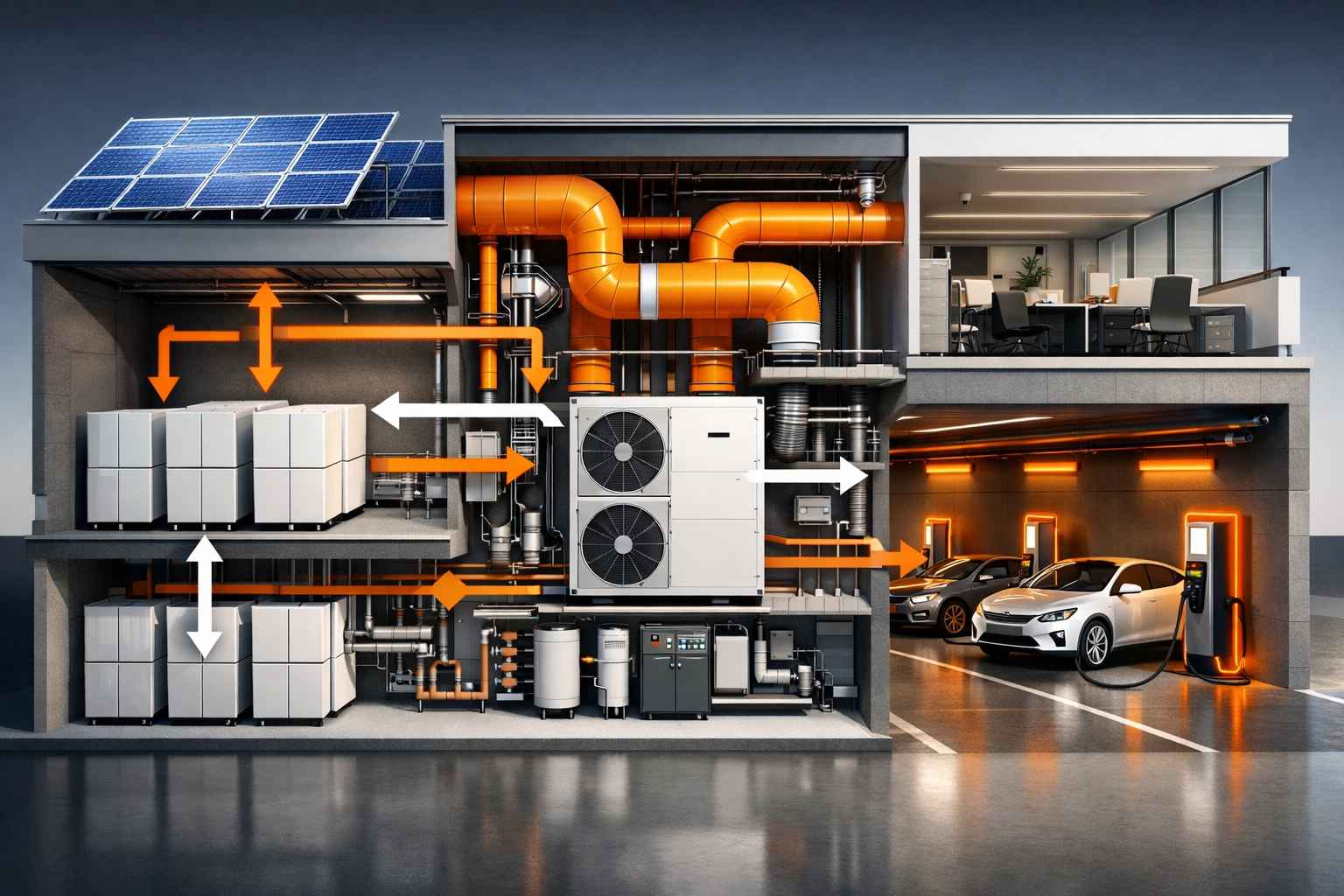 Commercial building energy systems showing solar panels, battery storage, heat pumps, and EV charging