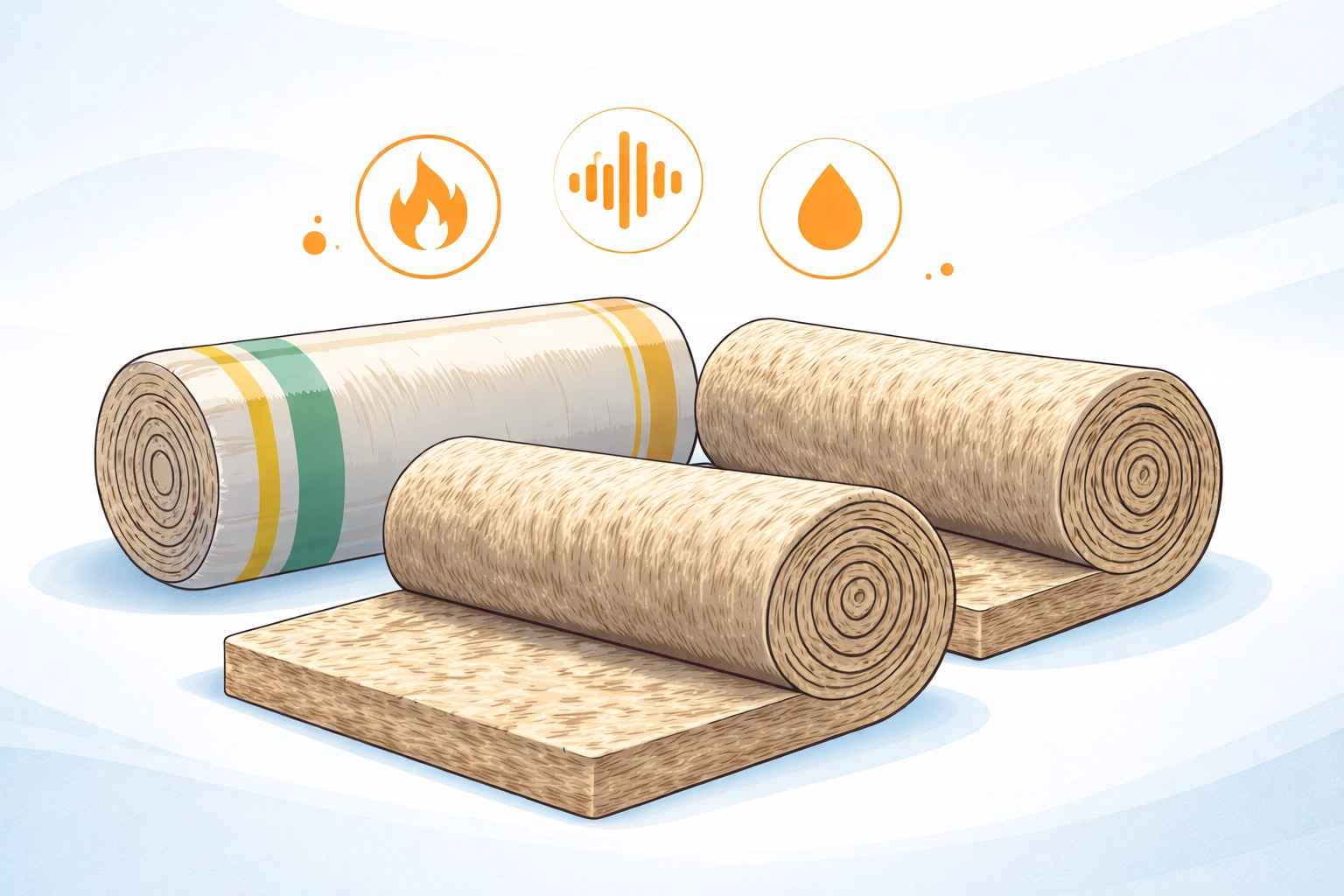 Neatly arranged rolls of 270mm Rockwool insulation with icons for fire resistance, soundproofing, and moisture protection