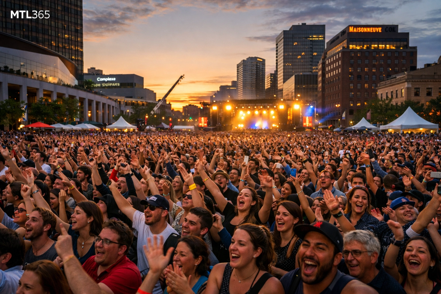 Vibrant crowd enjoying a world-class summer festival in Montreal's Quartier des Spectacles.