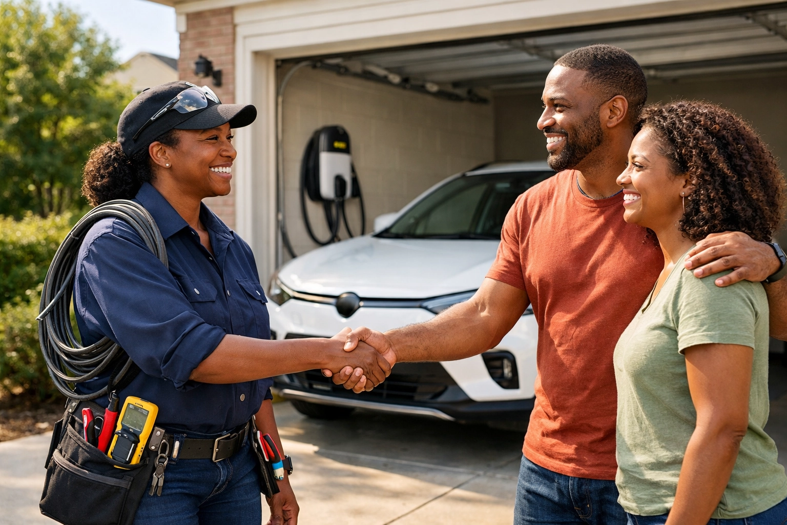 Professional electrician with satisfied homeowners after completing EV charger installation in Metro Atlanta