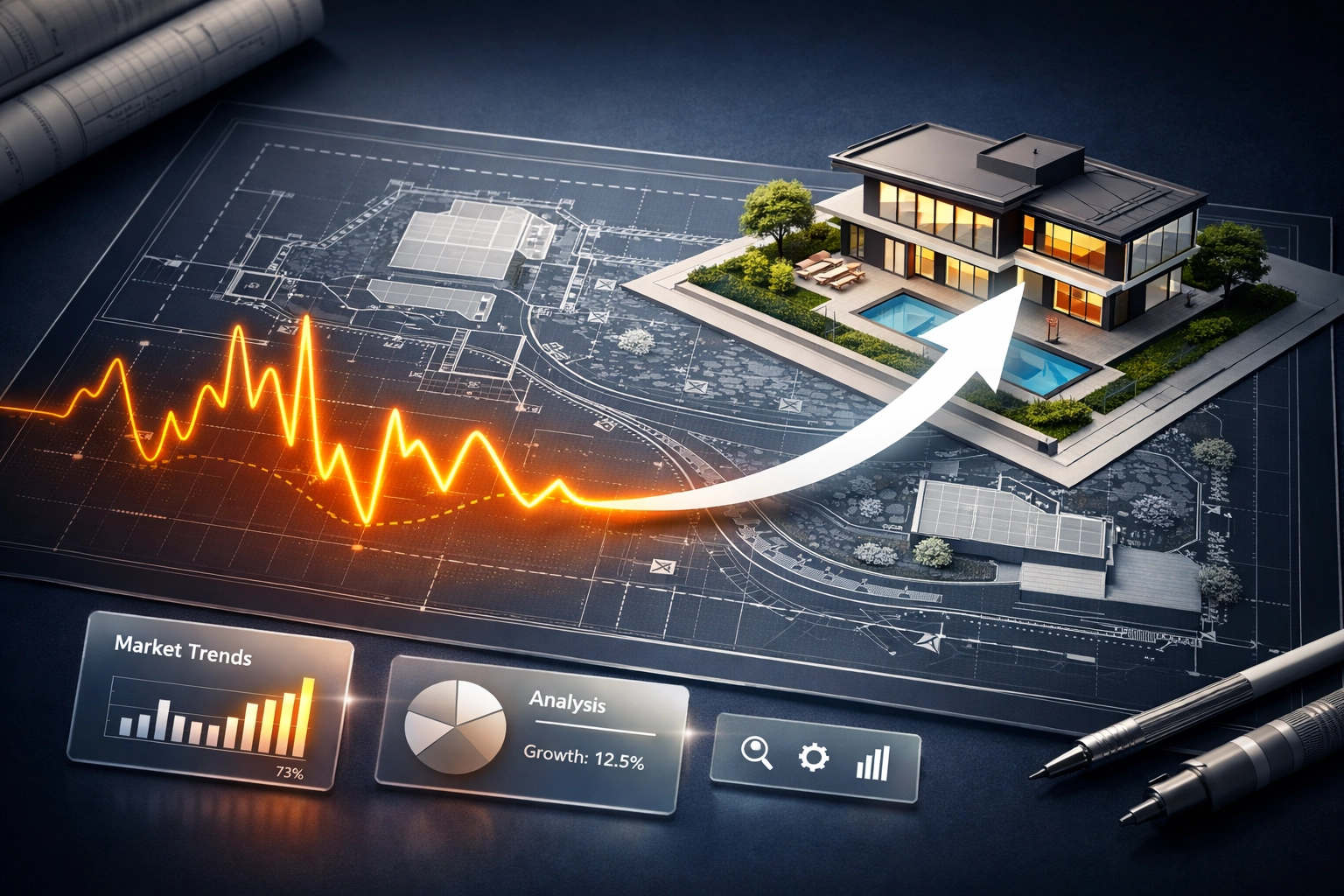 Market volatility graph transitioning into a successful real estate development plan.