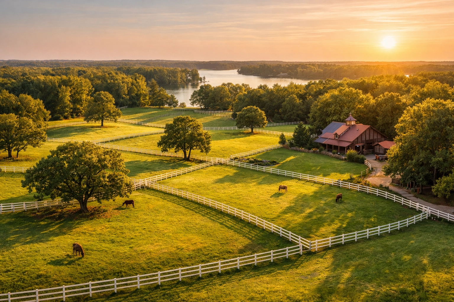 Aerial view of horse farm in Davidson NC with fenced pastures and Lake Norman views