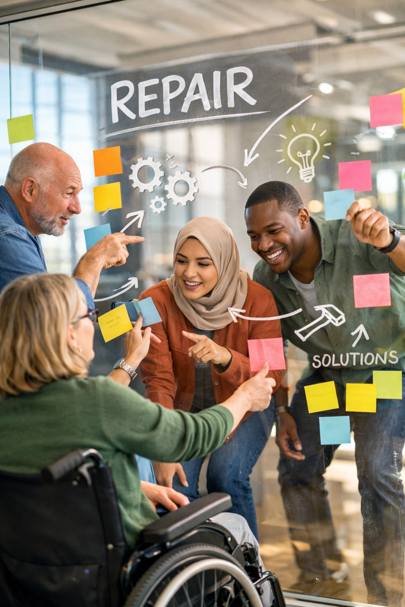 Inclusive team members collaborate on repairing organizational culture using sticky notes.
