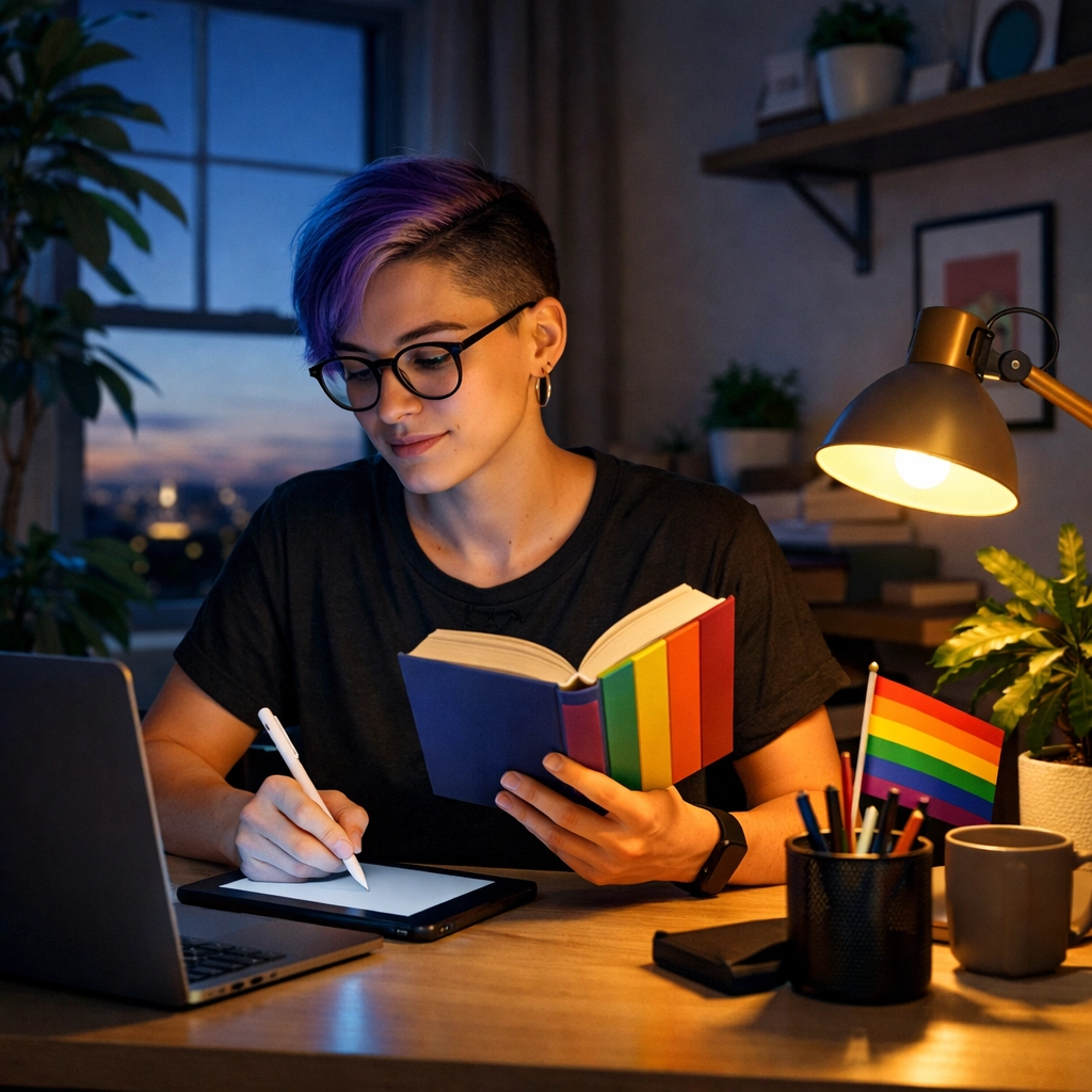 A non-binary professional researching queer education trends and reading LGBTQ ebooks in a cozy home office.