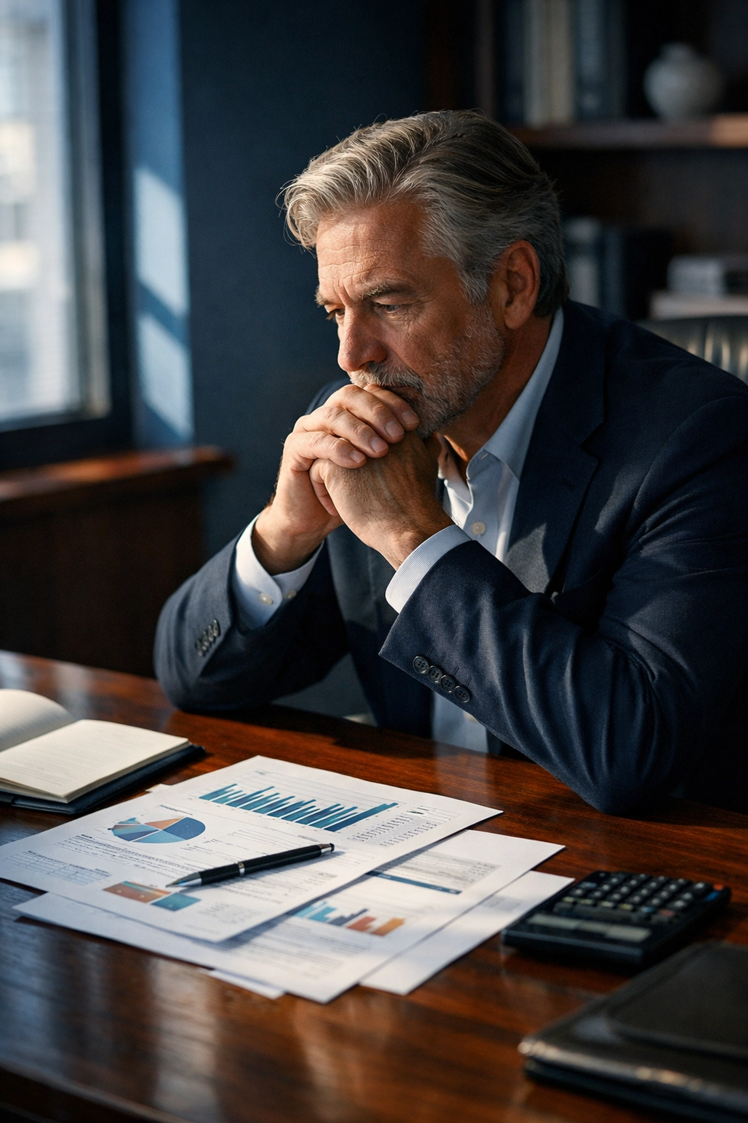 Business owner reviewing financial documents while contemplating their company's true market value