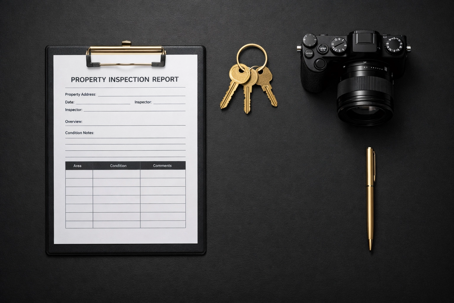 Professional property inventory tools including clipboard, keys, and camera on black surface