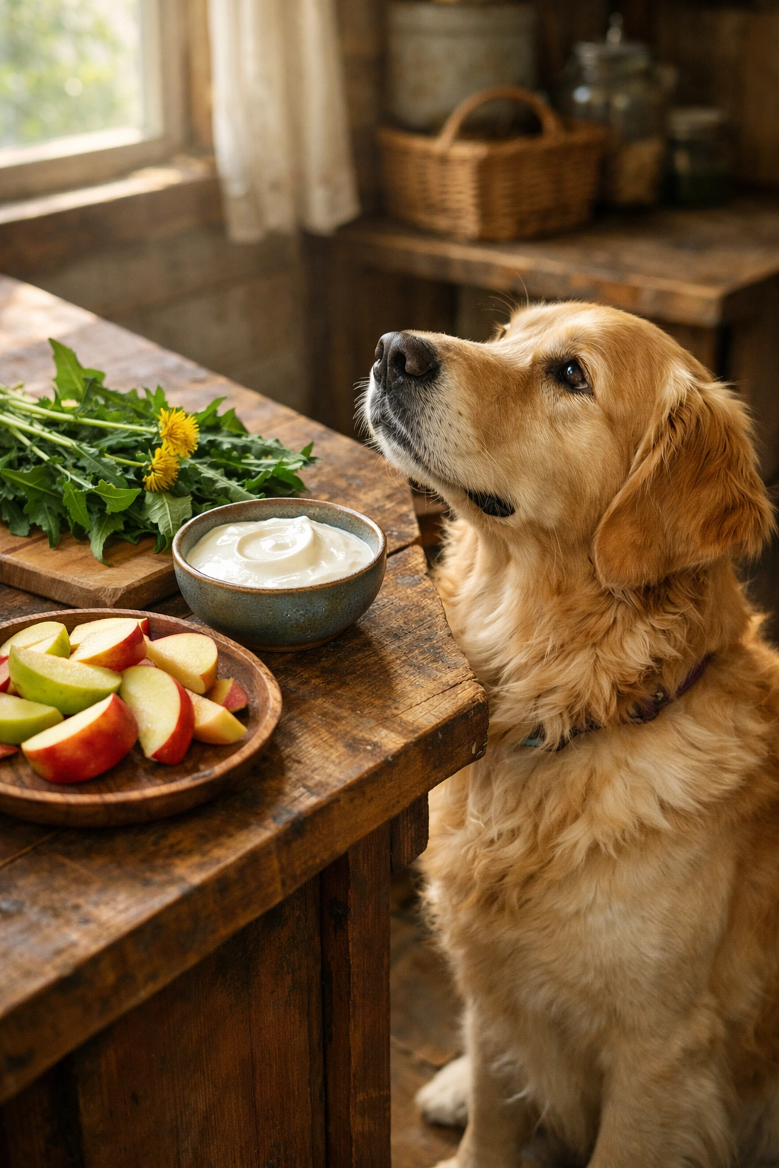 Golden Retriever in a kitchen with prebiotic foods like dandelion greens and yogurt for dog gut health.