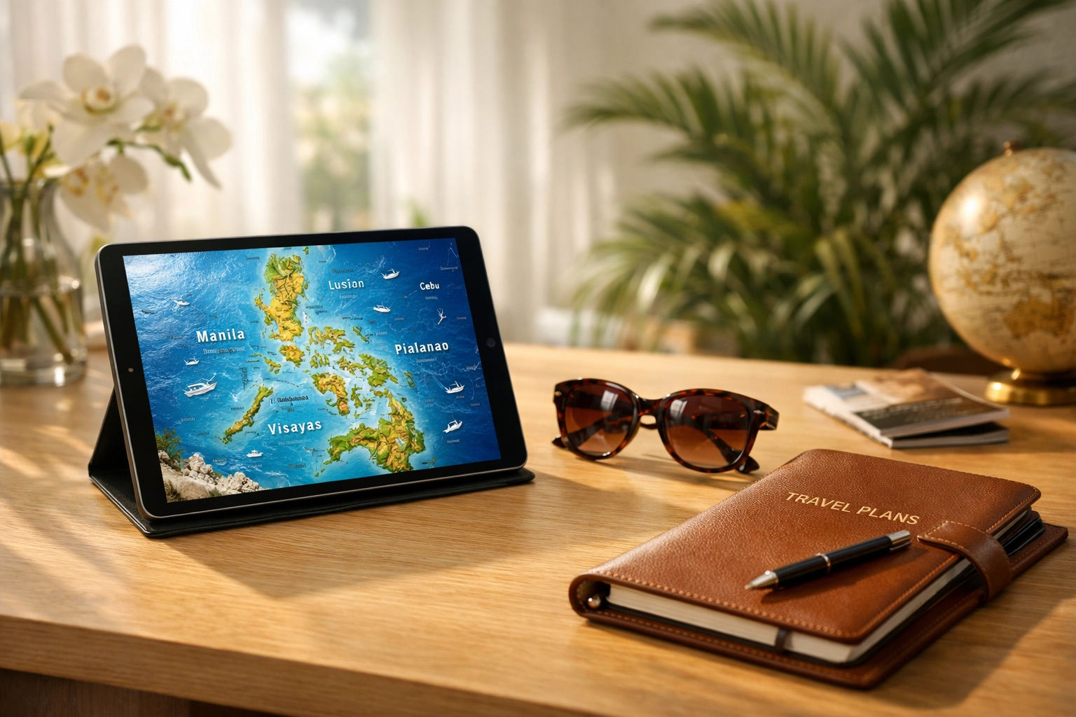 A travel concierge workspace planning a bespoke journey for the best scuba diving deals.