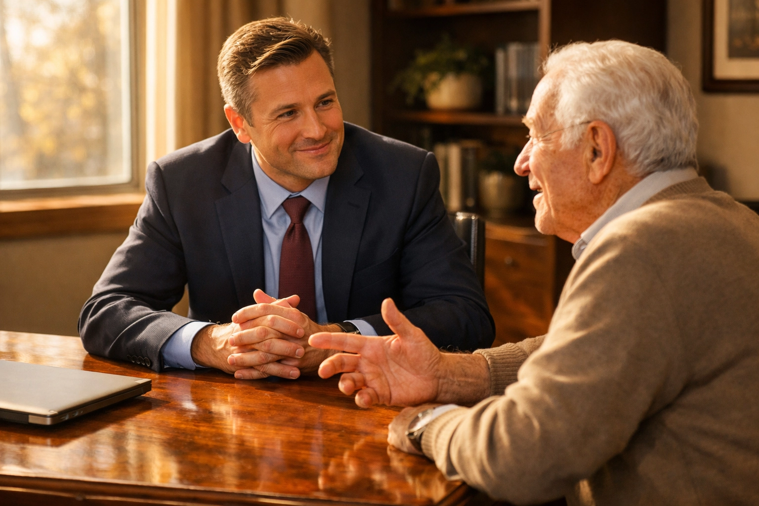 Professional banker listening empathetically to a client, illustrating human connection in banking hospitality.