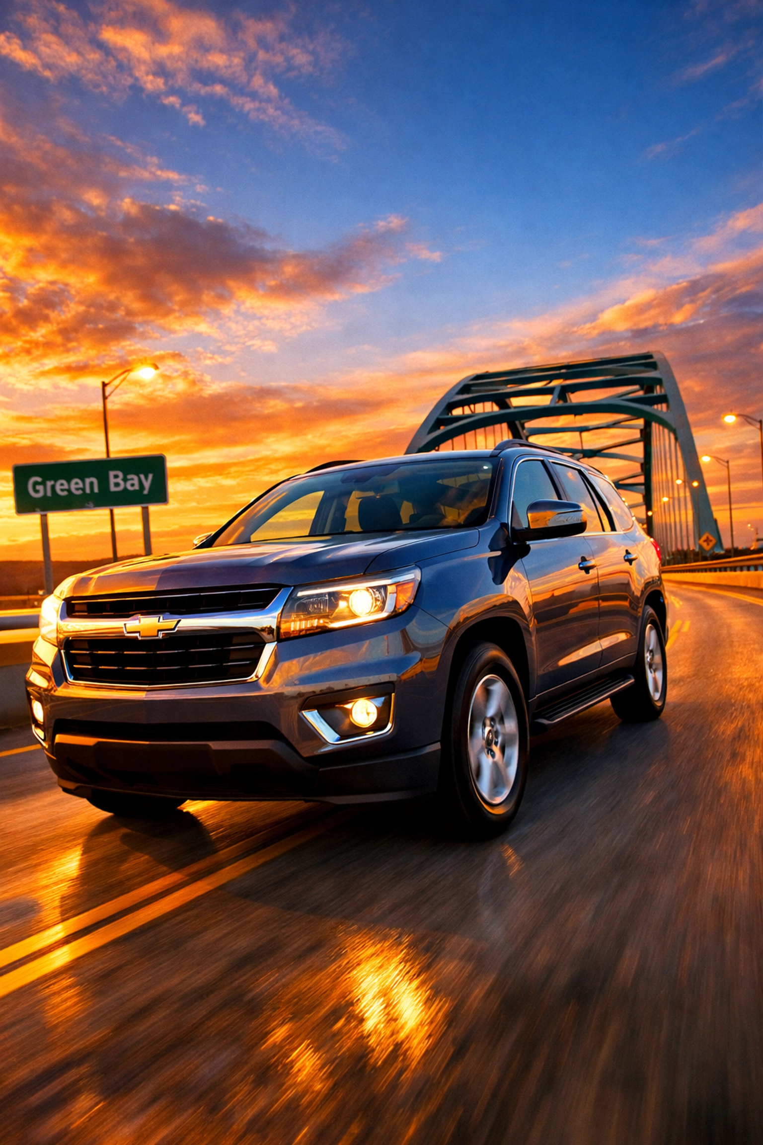 A reliable SUV driving safely over a Green Bay bridge after professional mobile auto repair service.