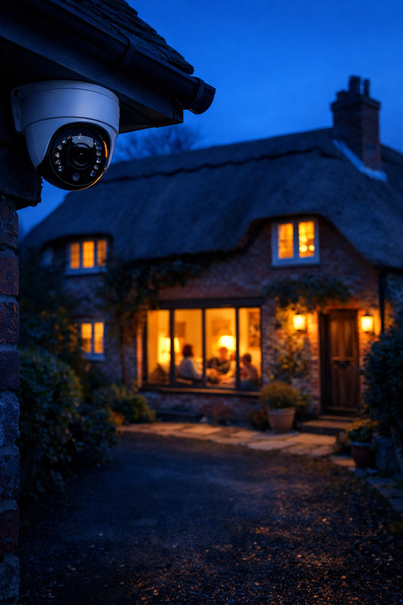 Home security camera mounted on a West Sussex cottage eaves protecting a family at dusk.