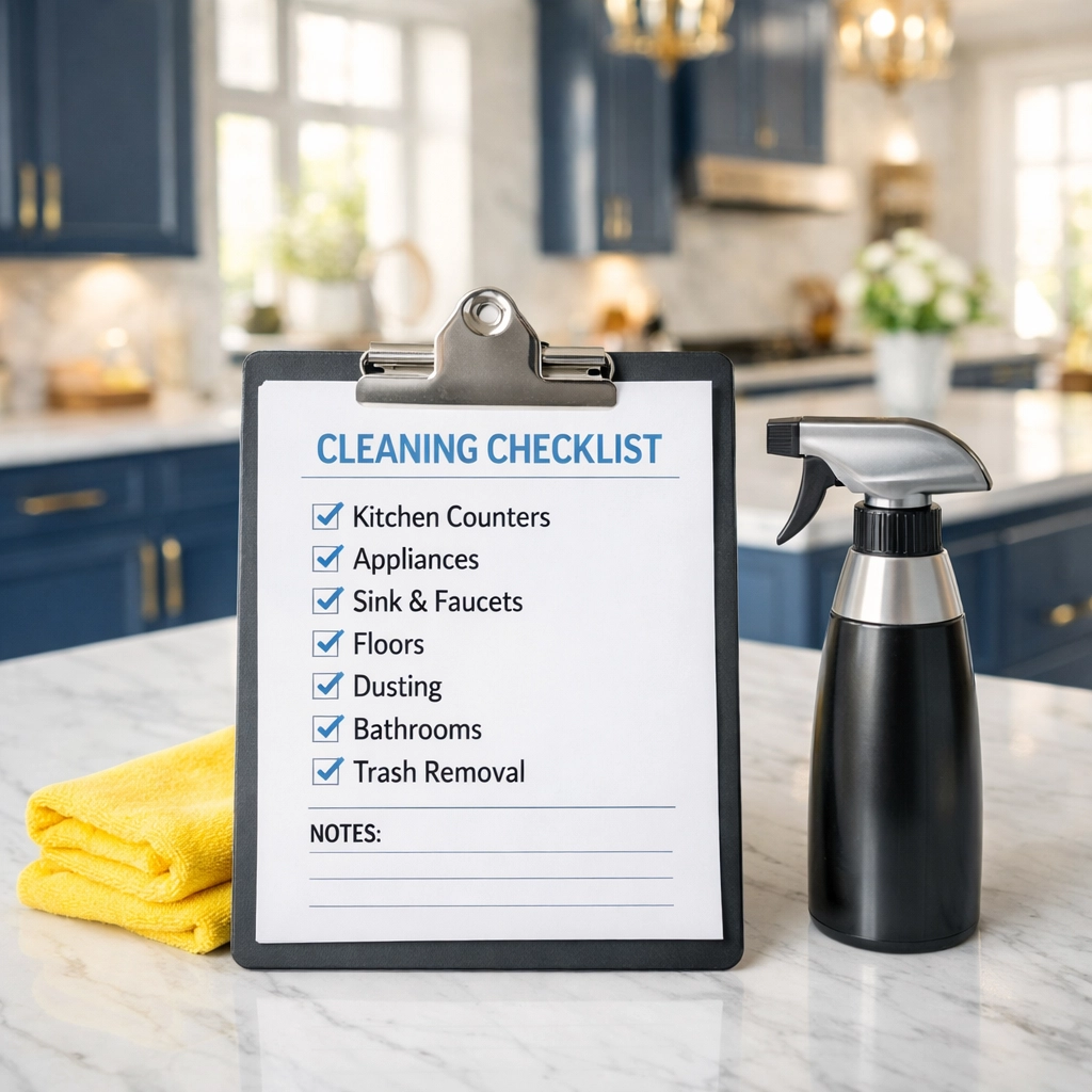 Professional deep cleaning checklist and supplies in a modern Marlborough kitchen.