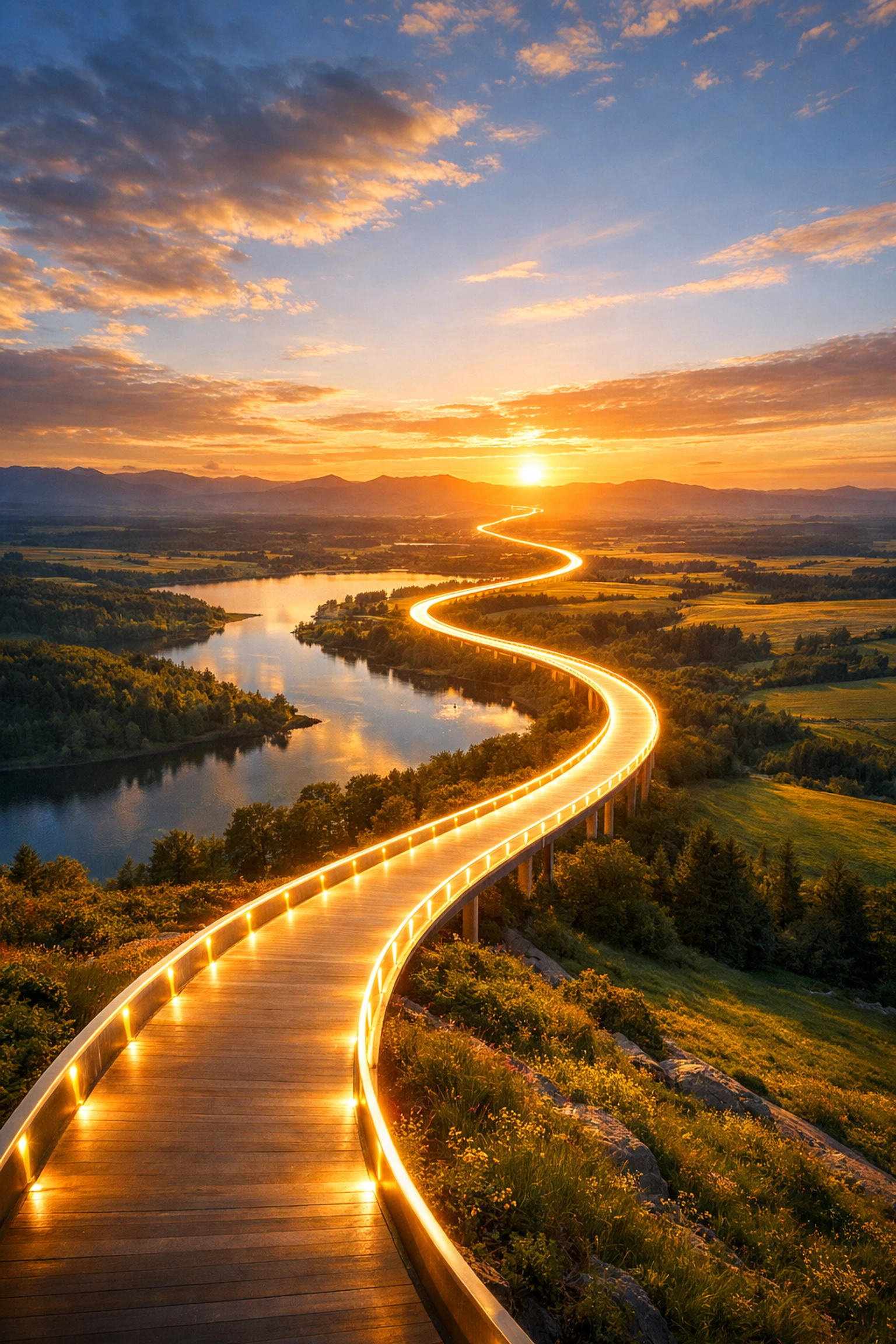 Illuminated pathway stretching to horizon symbolizing the digital bridge to unreached communities