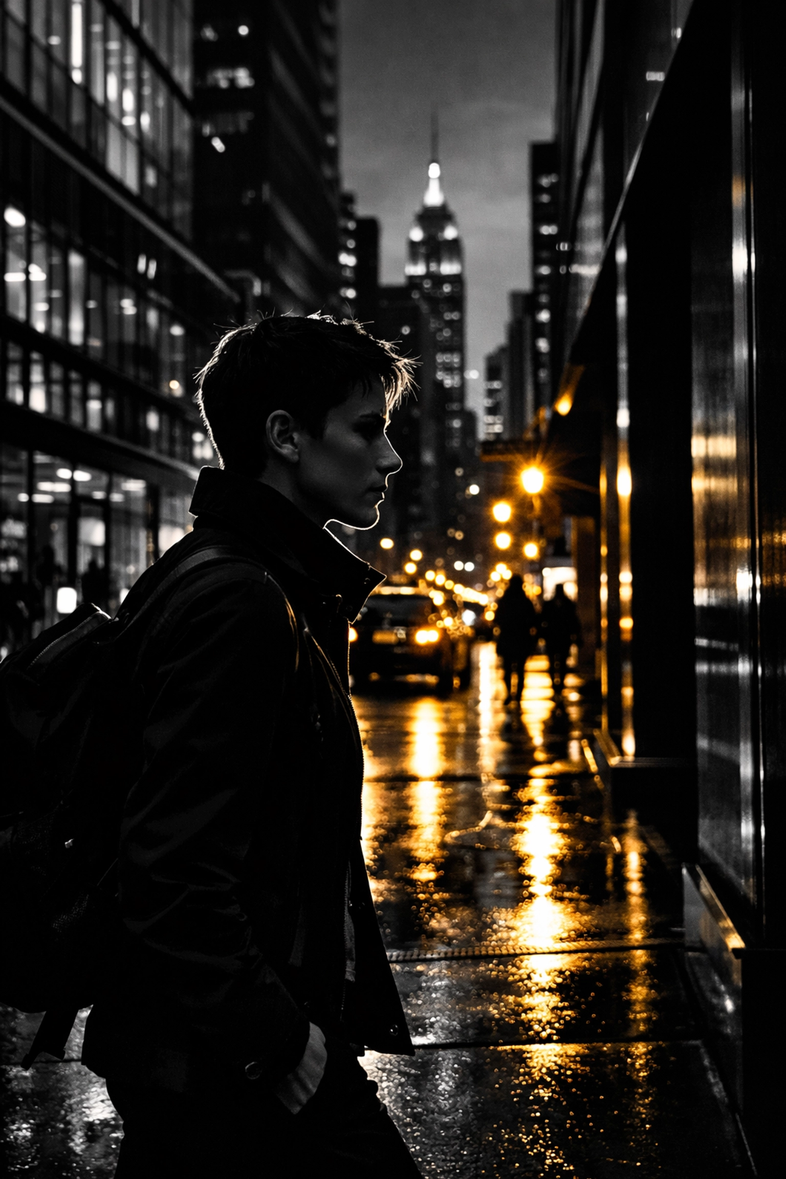 Alert person practicing situational awareness on a New York City street after a firearm safety course.