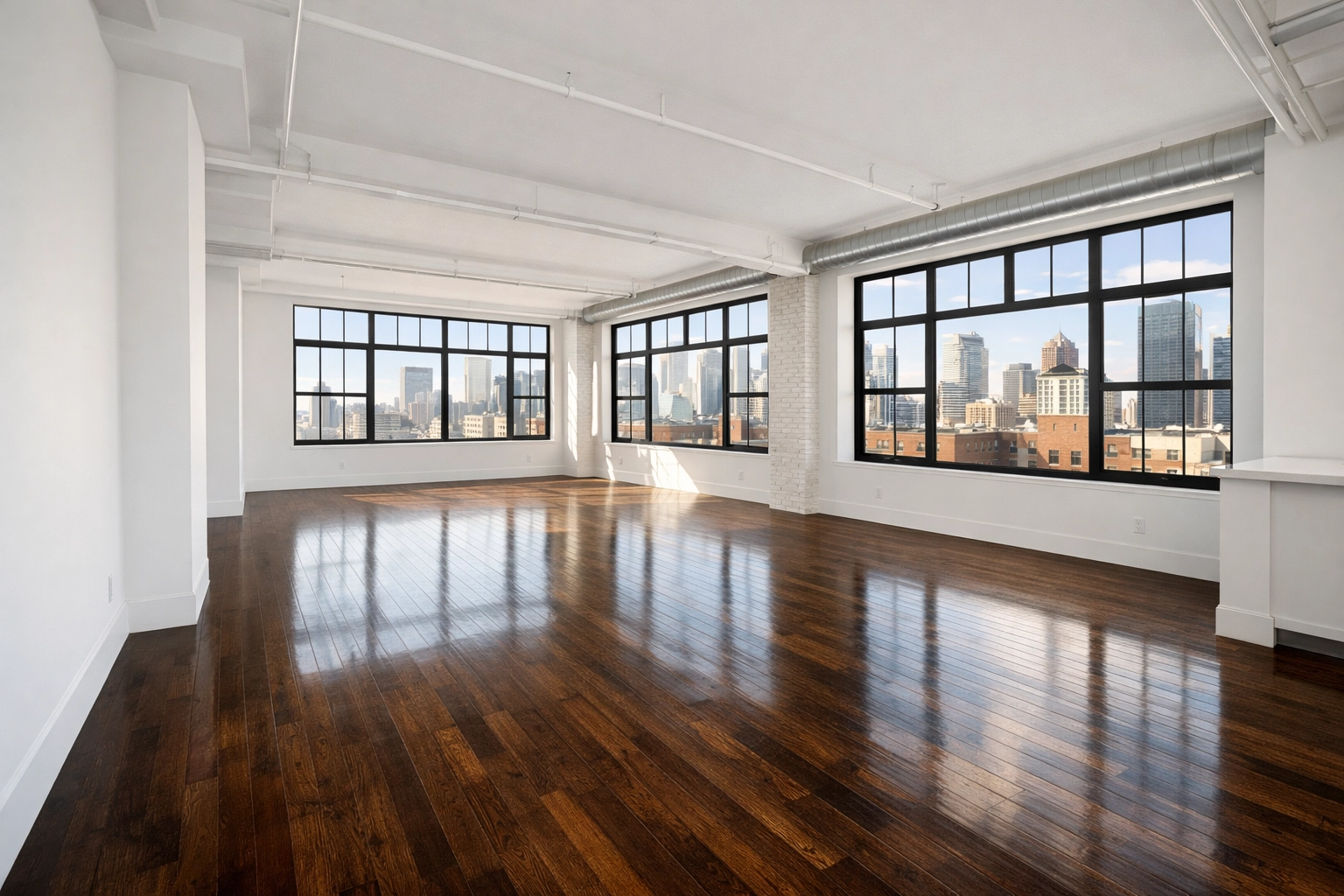 Empty luxury loft apartment with hardwood floors prepared for a move-out inspection and turnover cleaning.