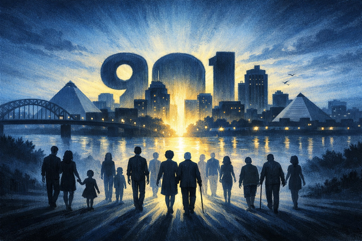 Memphis cityscape with diverse community walking toward hope in the 901 area