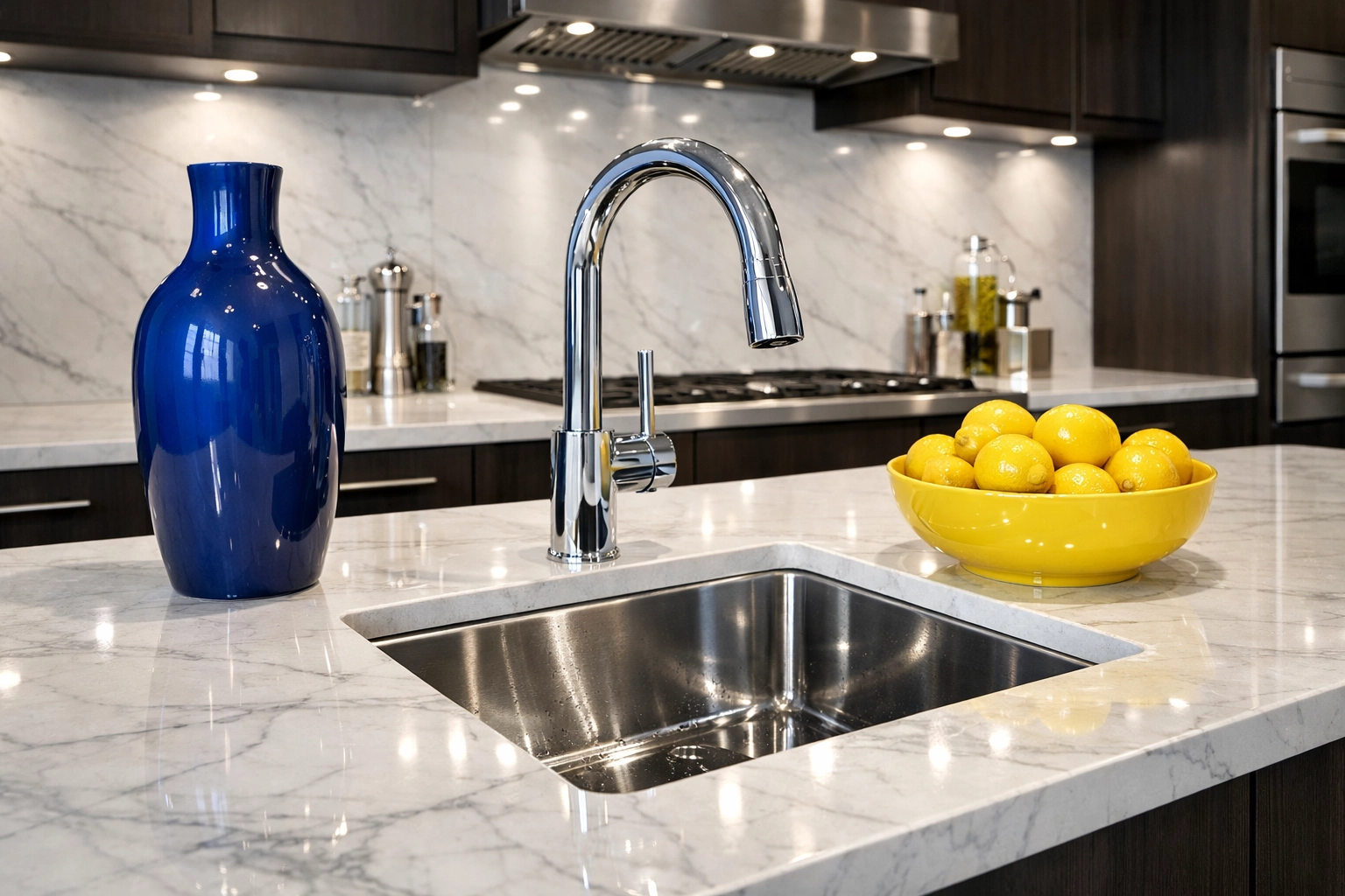 Modern kitchen with spotless marble counters from a professional house cleaning in Leominster MA.