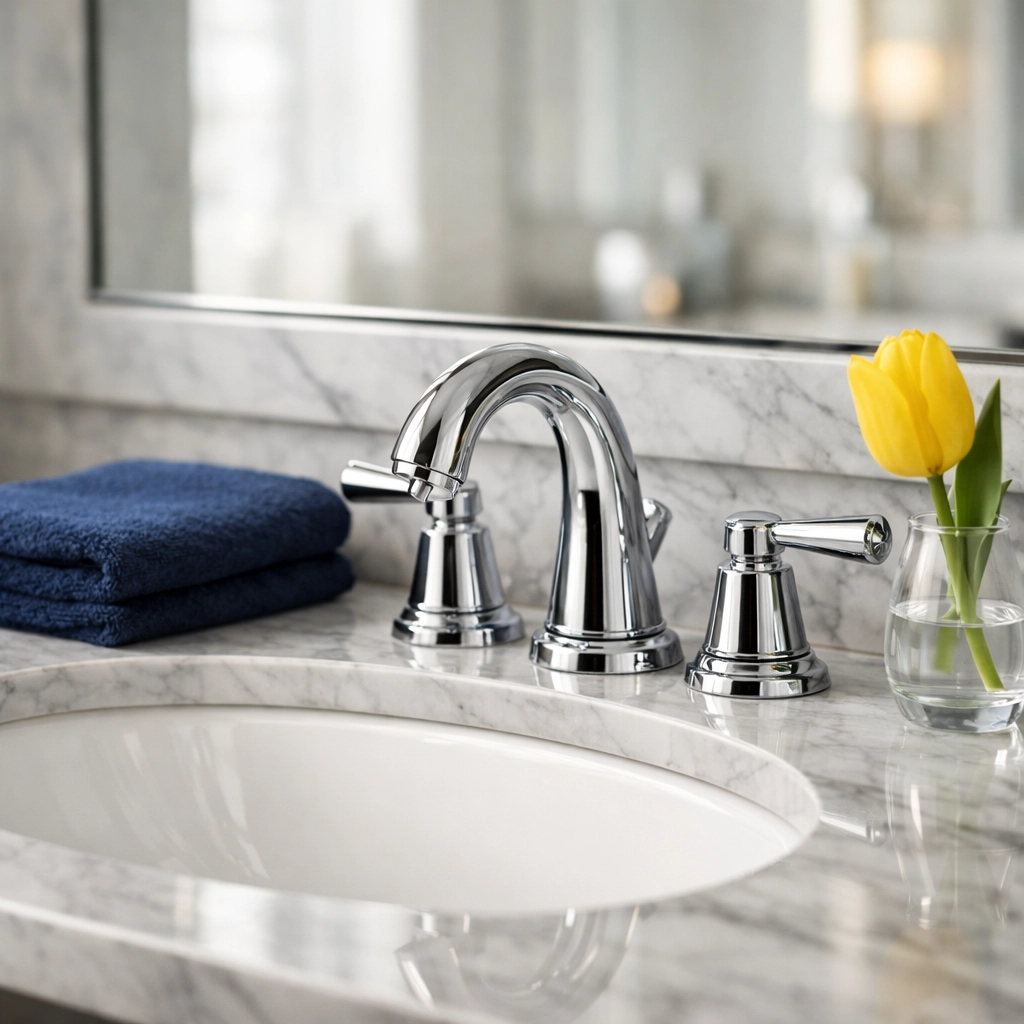 Deeply cleaned luxury bathroom vanity and faucet showing the quality of house cleaning Shirley MA services.