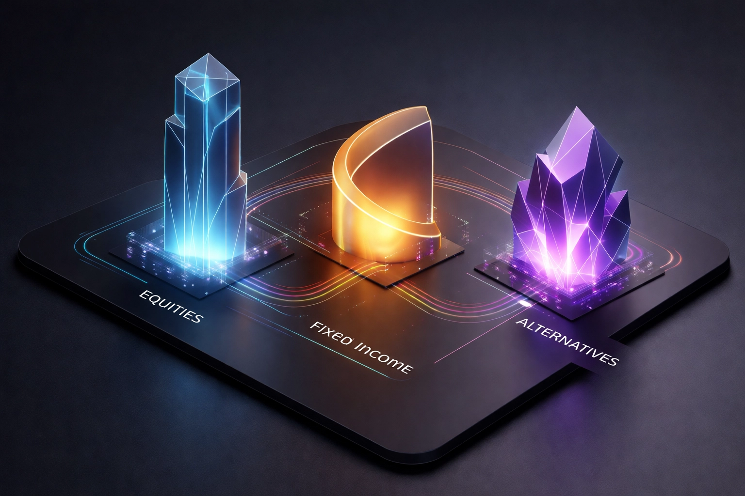 Modern visualization of the 40/30/30 portfolio model, highlighting equities, fixed income, and alternatives for better diversification.