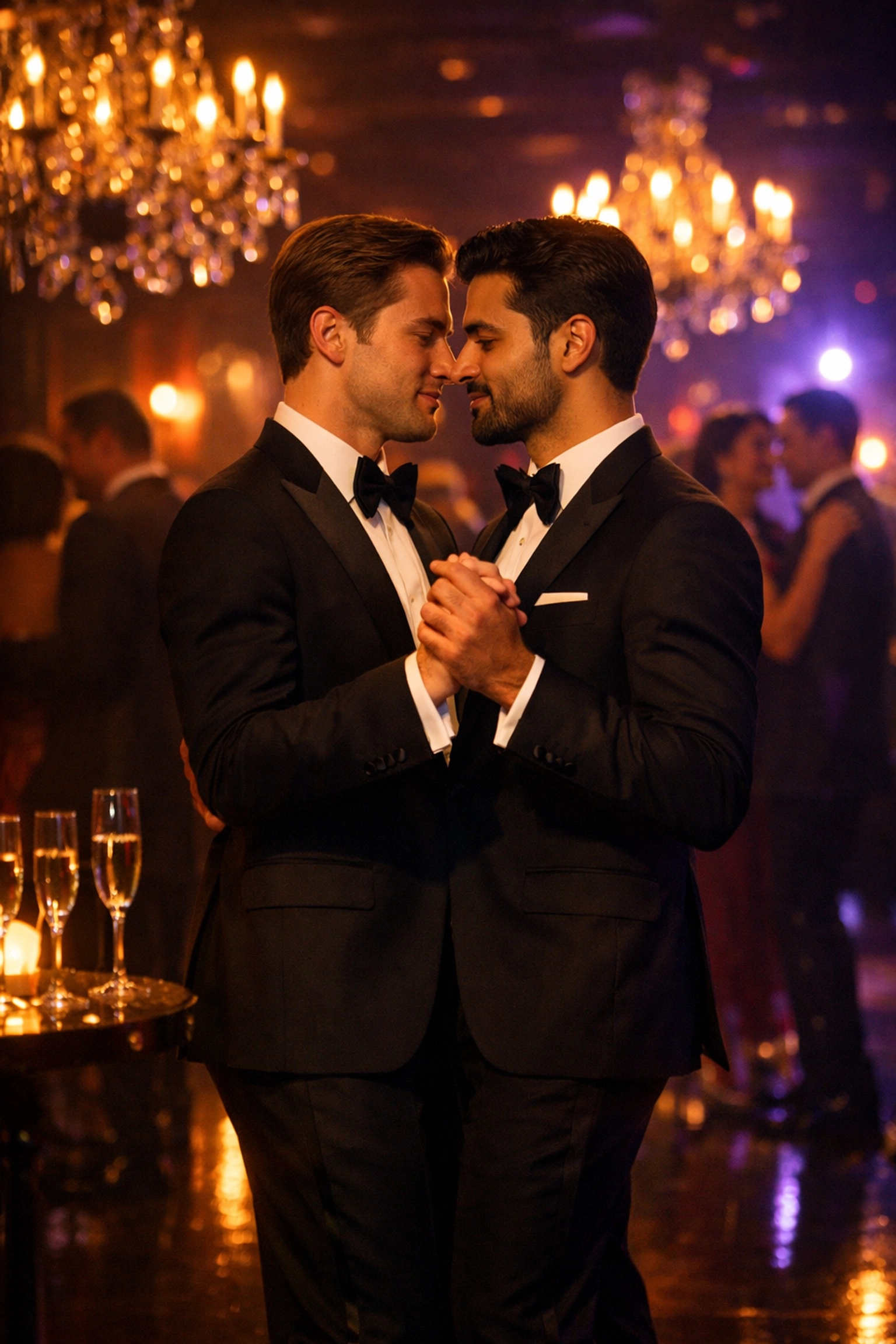 Gay couple dancing at upscale Chelsea nightclub during Valentine's Day celebration in NYC